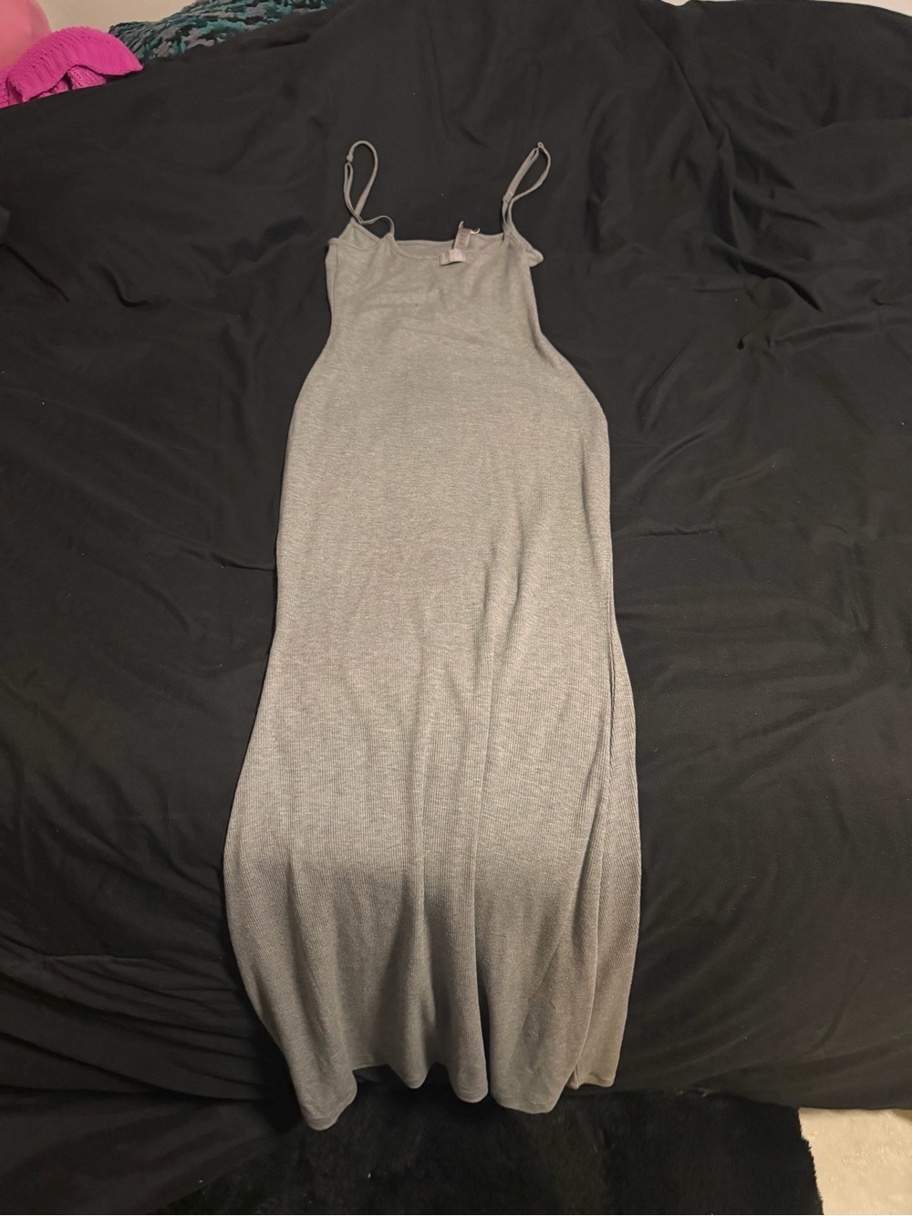 SKIMS Gray Ribbed Spaghetti Strap Maxi Dress